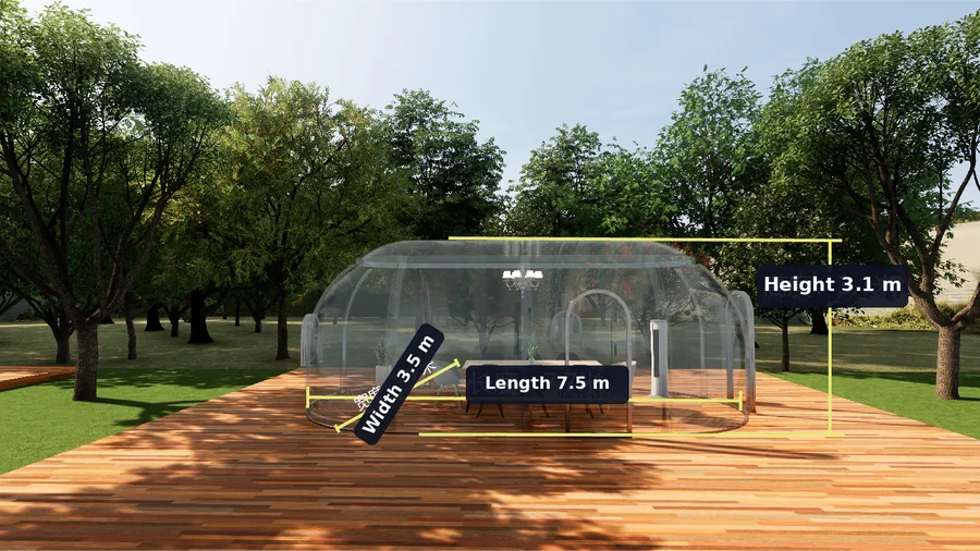 Extended oval 3.5 x 7.5 m Domevora dome on a timber deck, dimensioned