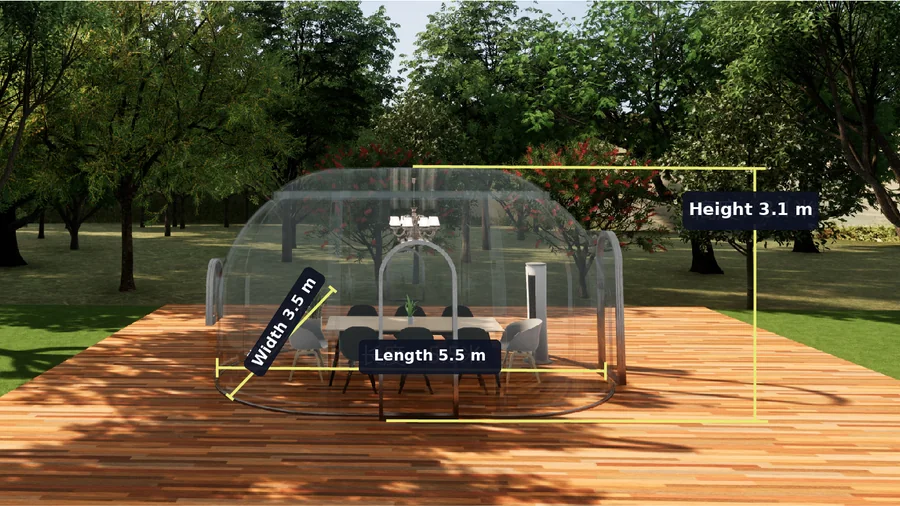 Oval 3.5 x 5.5 m Domevora dome on a timber deck, dimensioned