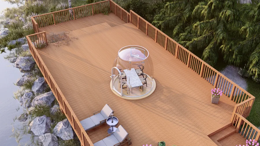 Round 2.5 m Domevora dome shown to scale on a timber deck