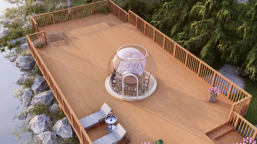 Round 3.0 m Domevora dome shown to scale on a timber deck