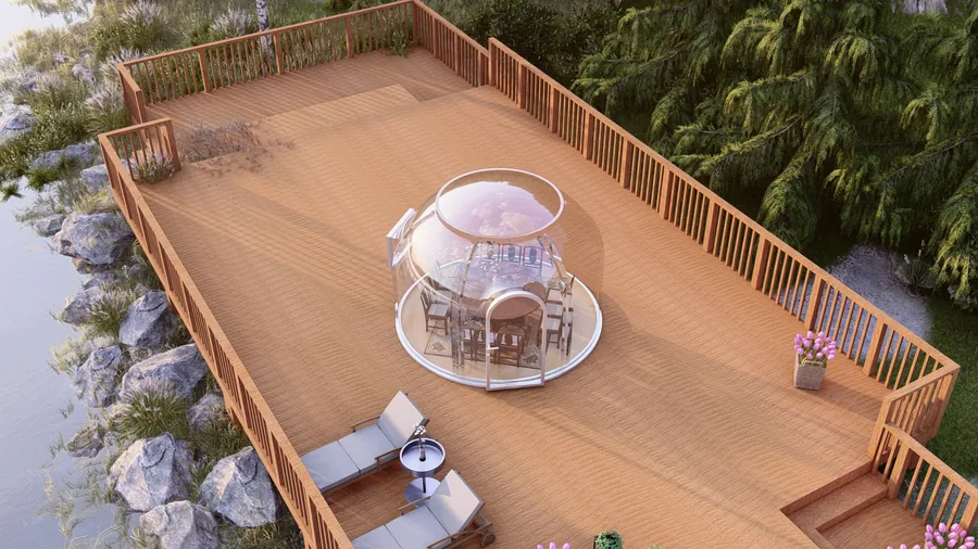 Round 3.5 m High Domevora dome shown to scale on a timber deck