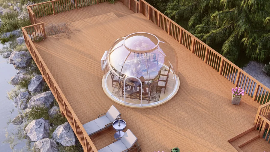 Round 4.0 m High Domevora dome shown to scale on a timber deck