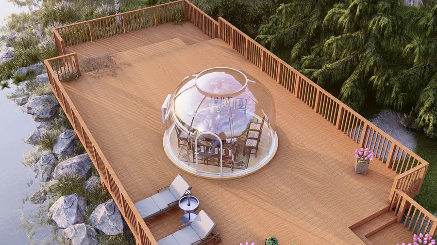 Round 4.0 m Low Domevora dome shown to scale on a timber deck