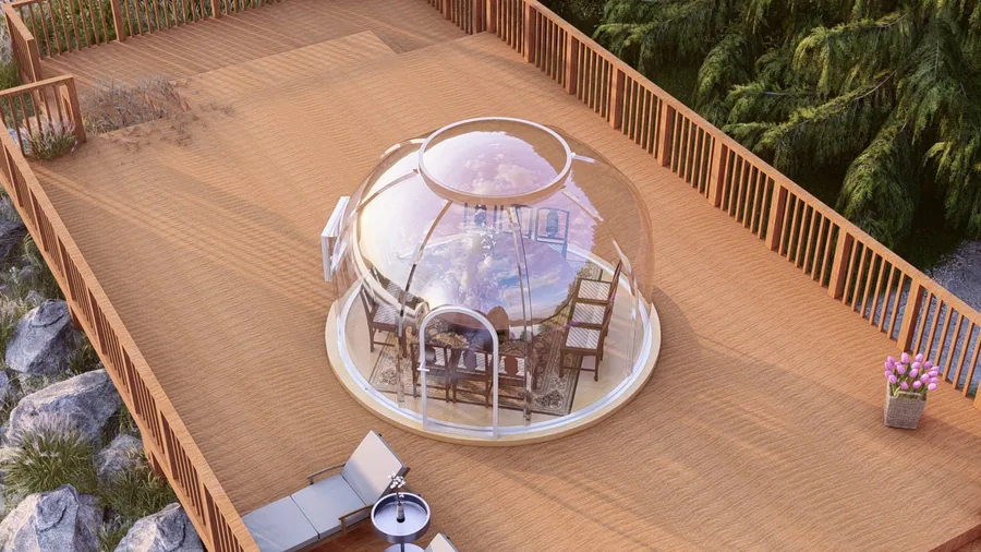 Round 4.5 m Domevora dome shown to scale on a timber deck