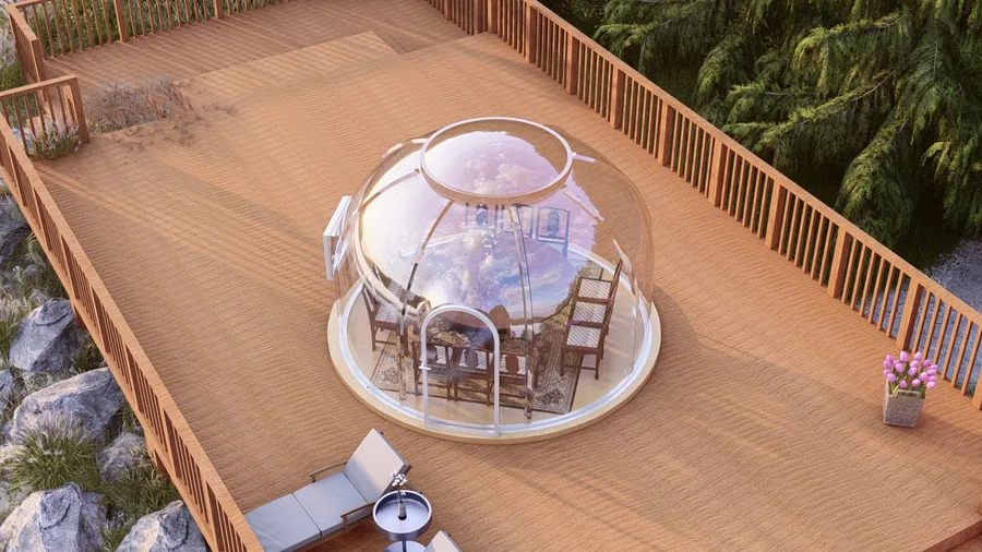 Round 5.0 m Domevora dome shown to scale on a timber deck