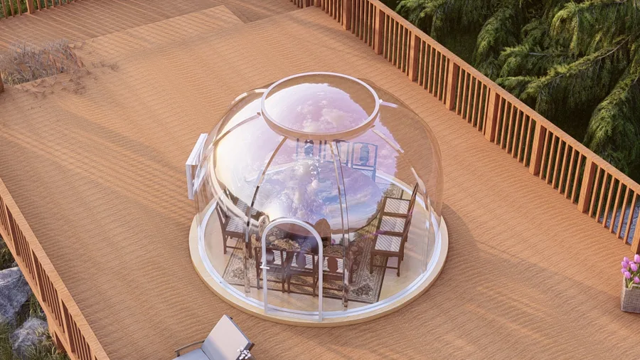 Round 6.0 m Domevora dome shown to scale on a timber deck