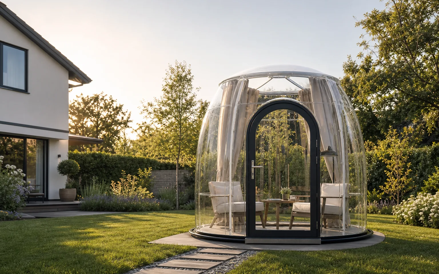 Transparent Domevora bubble house on a garden lawn at dusk