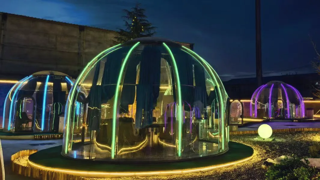 Domevora domes at night with the dynamic ambient LED lighting option, client installation