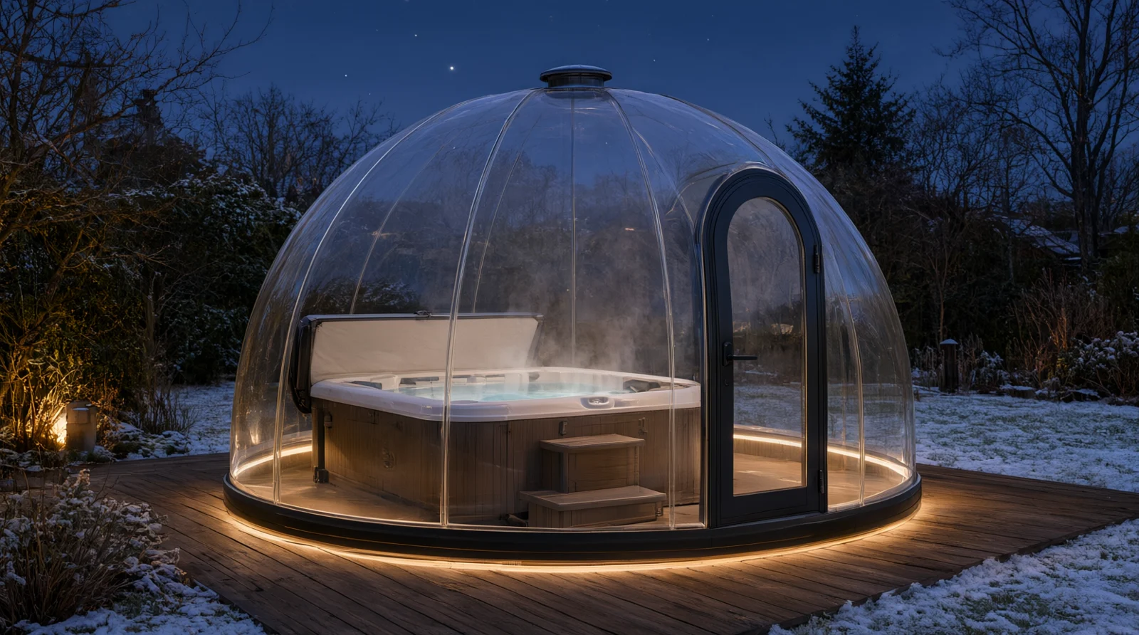Illustrative rendering: a clear frameless polycarbonate dome over a square hot tub on a garden deck at dusk